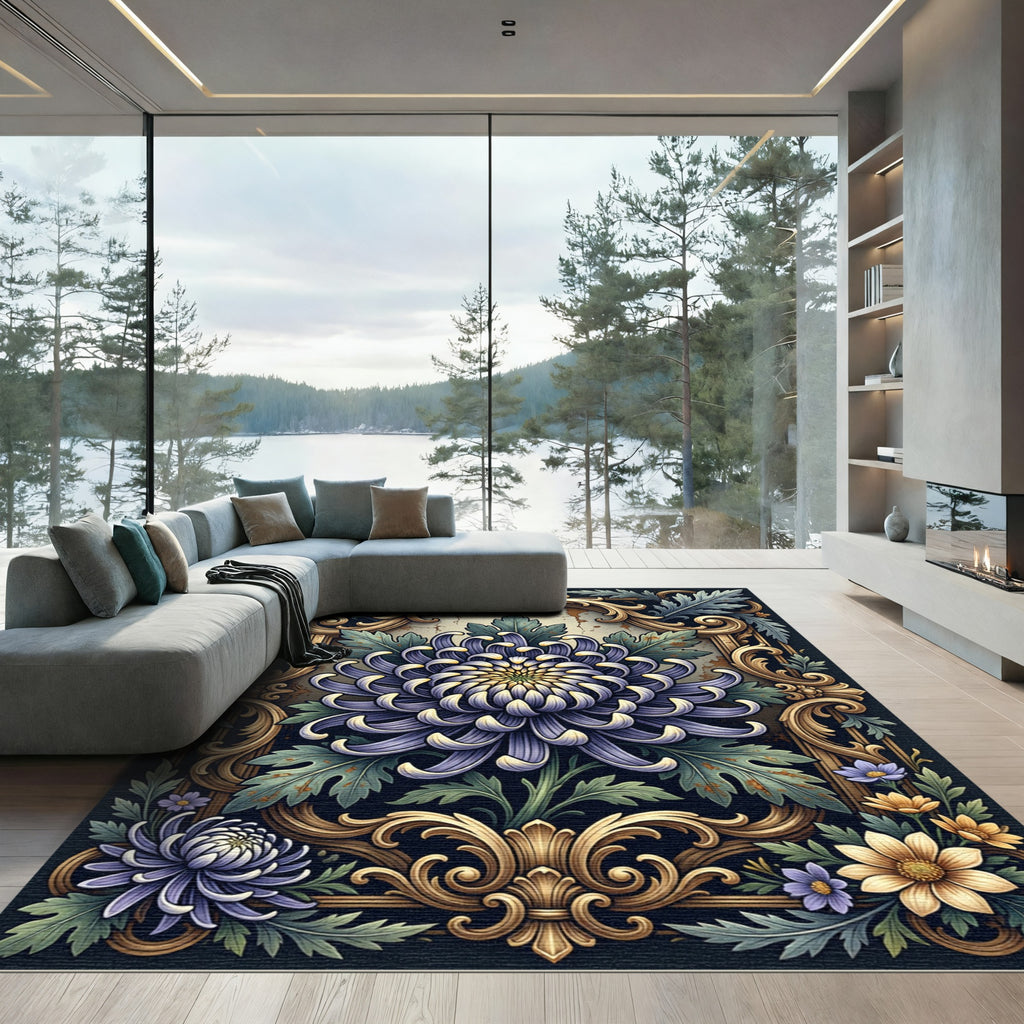 Elegant Ornate Purple Chrysanthemum Floral Medallion Rug