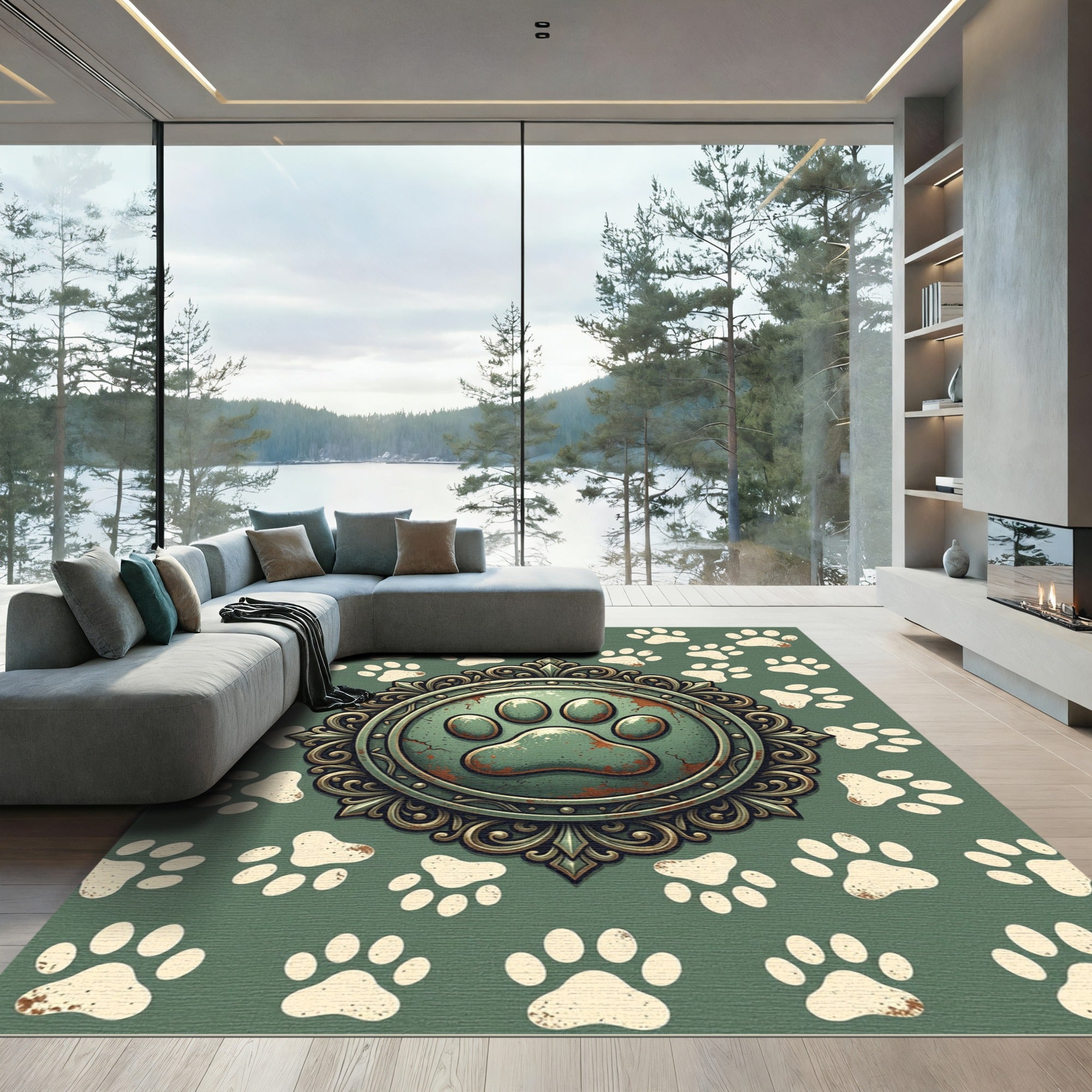Distressed Sage Paw Embellished Medallion Rug