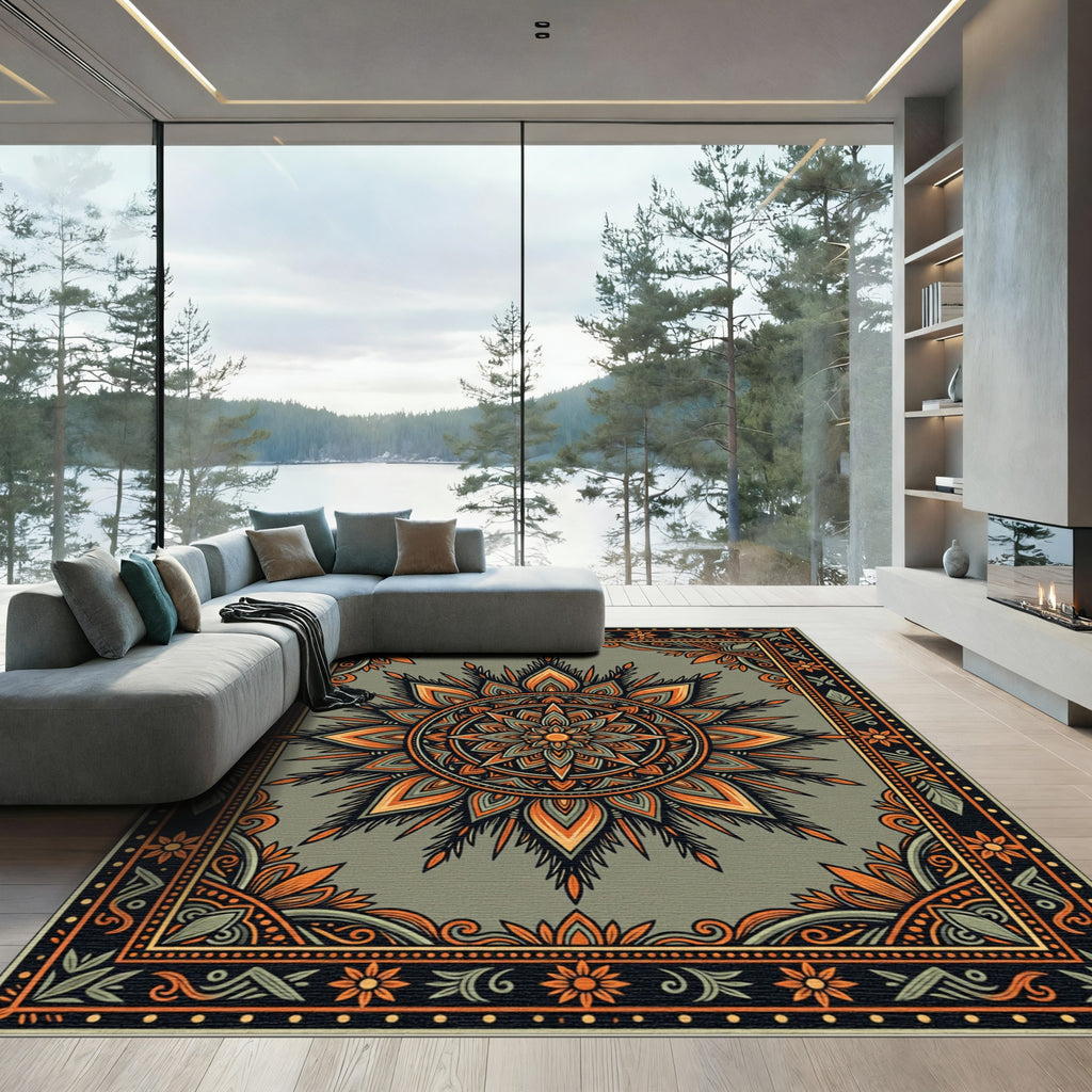 Earthy Orange Sage Mandala Sun Medallion Rug