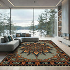 Earthy Orange Sage Mandala Sun Medallion Rug