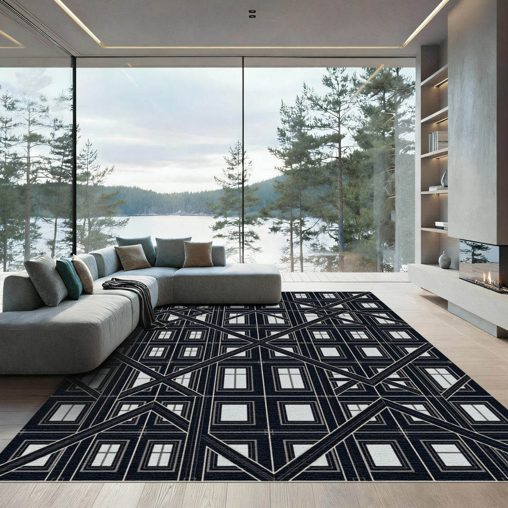 Black White Geometric Window Frame Rug