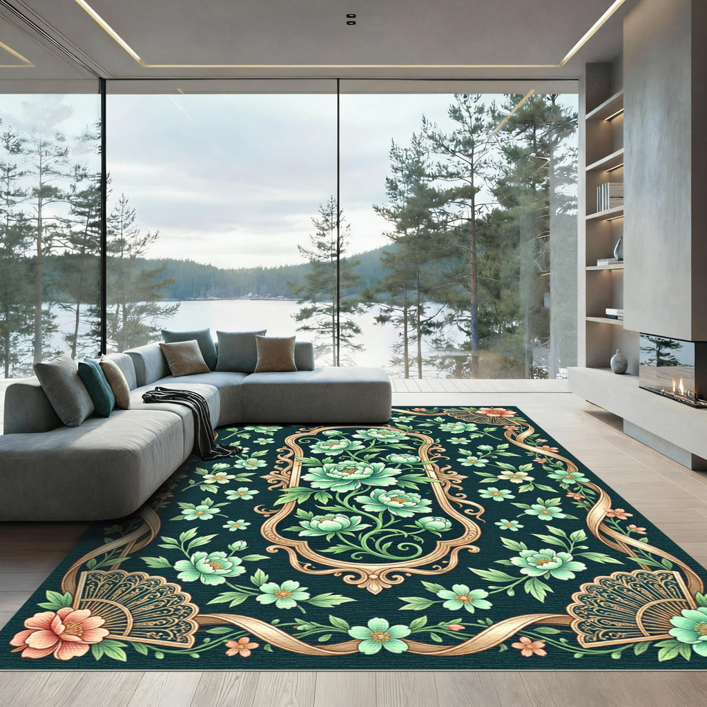 Emerald Garden Floral Ribbon Frame Rug