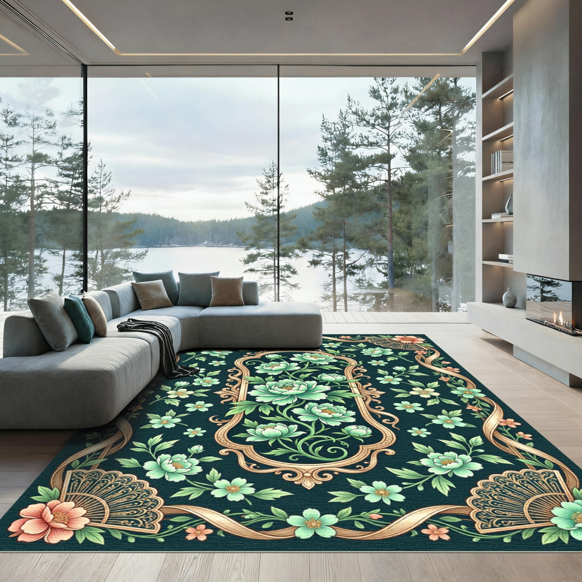 Emerald Garden Floral Ribbon Frame Rug