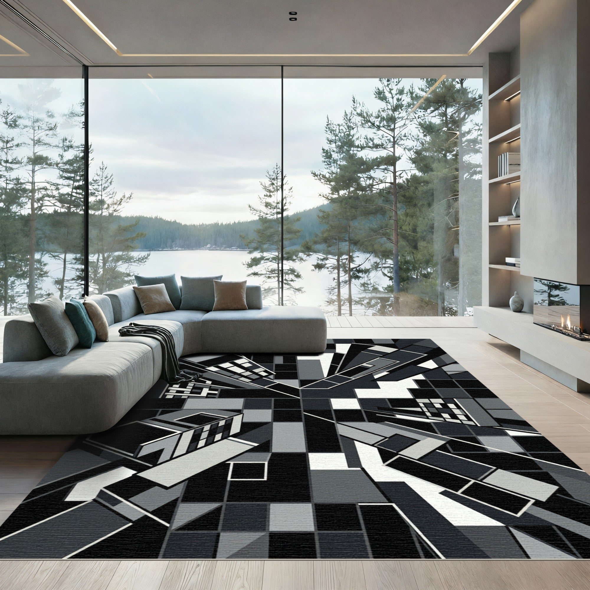 Monochrome Geometric Cityscape Abstract Art Rug