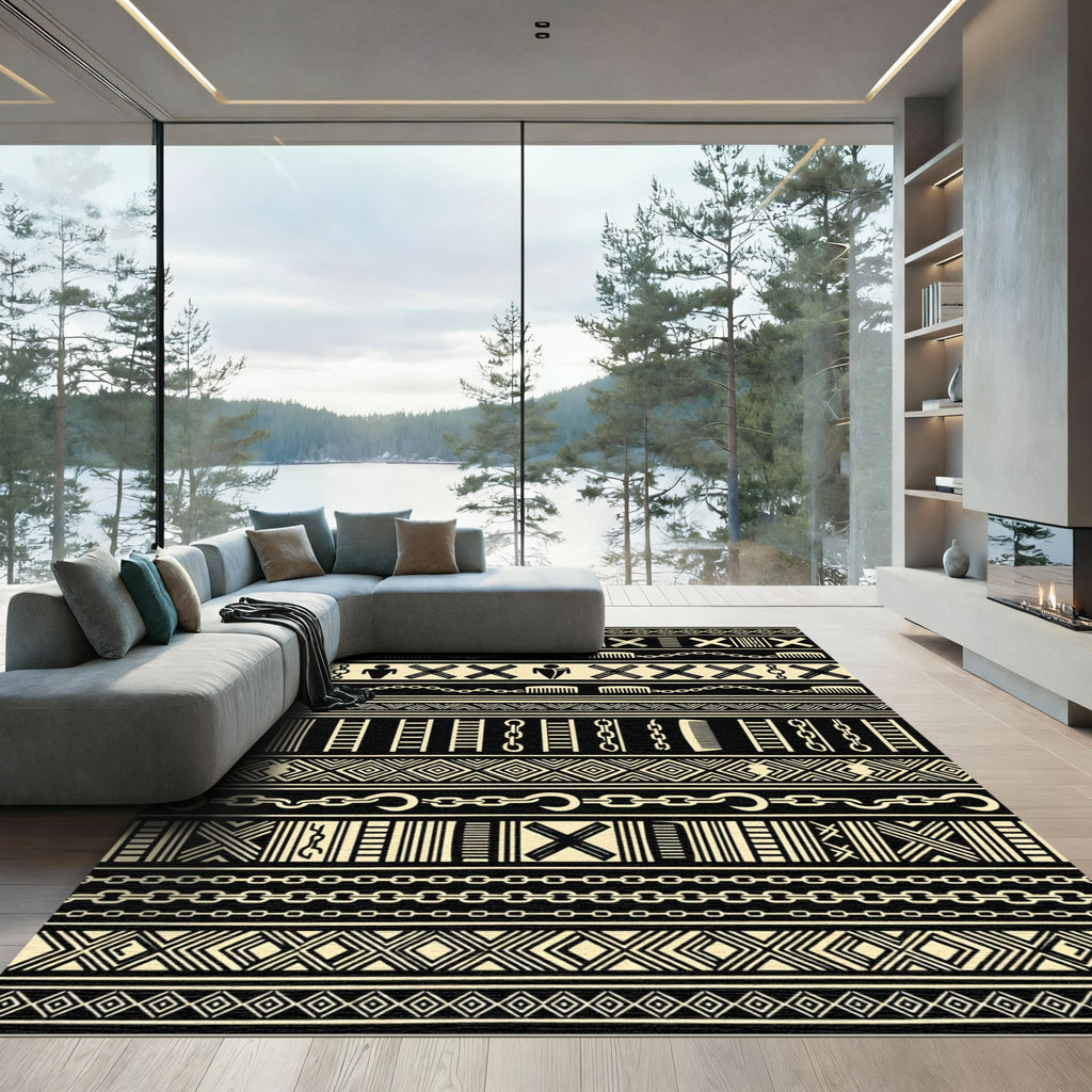 Black Beige Tribal Chain Stripes Rug