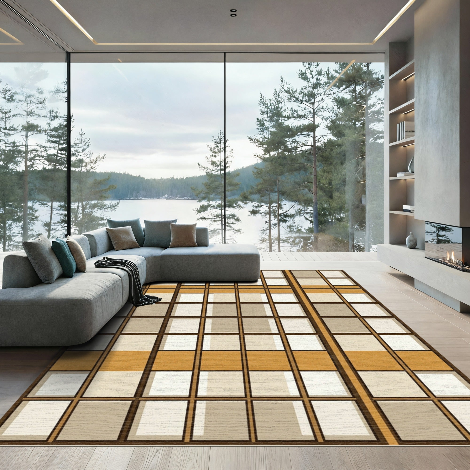 Modern Grid Earth Tone Geometric Rug