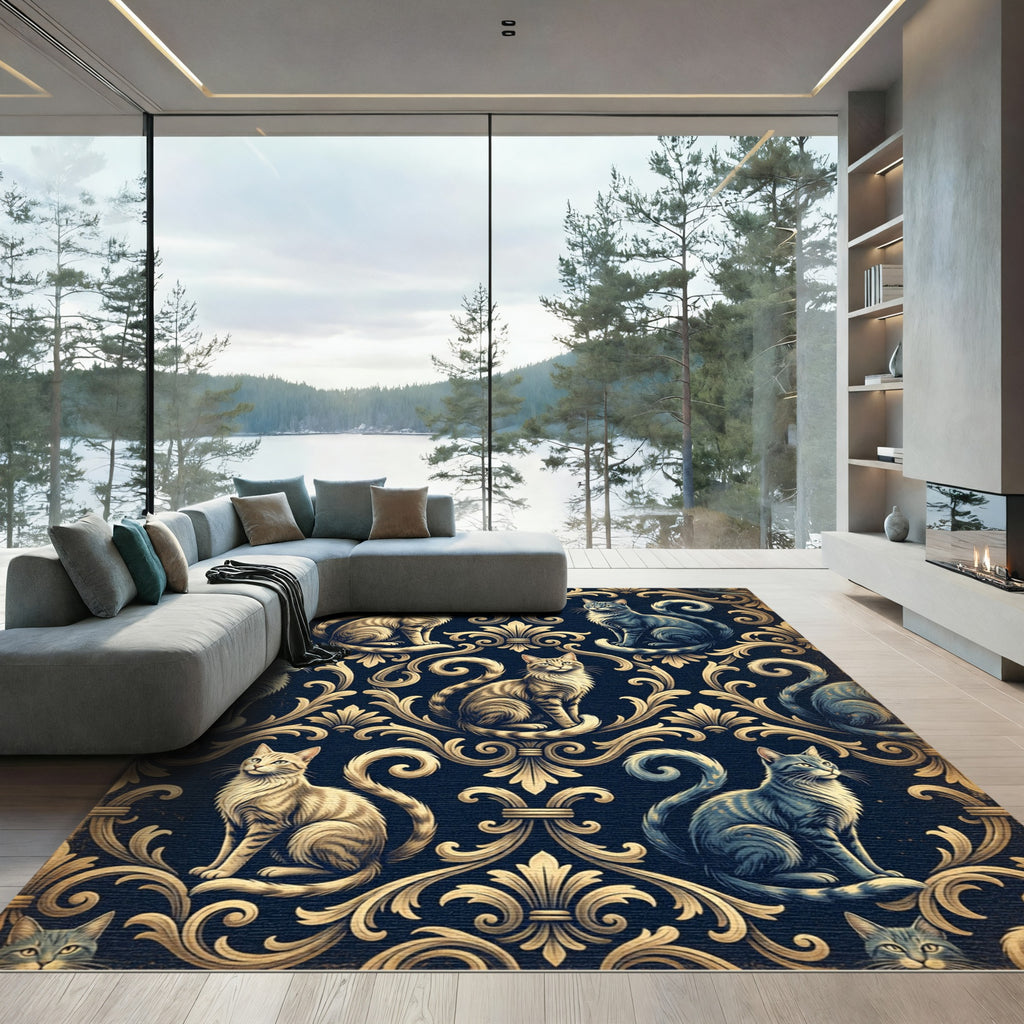 Elegant Golden Feline Damask Navy Rug