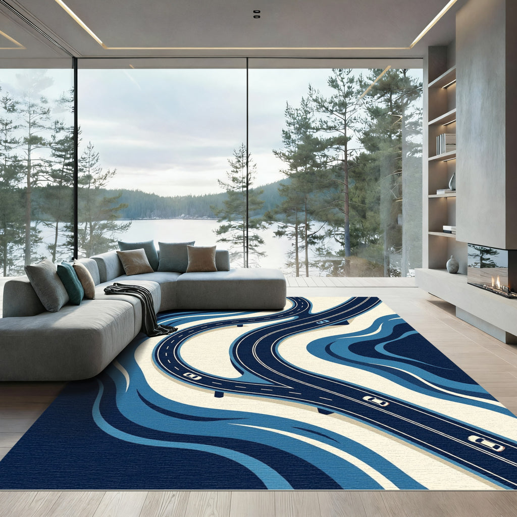 Modern Blue Abstract Highway Swirl Rug