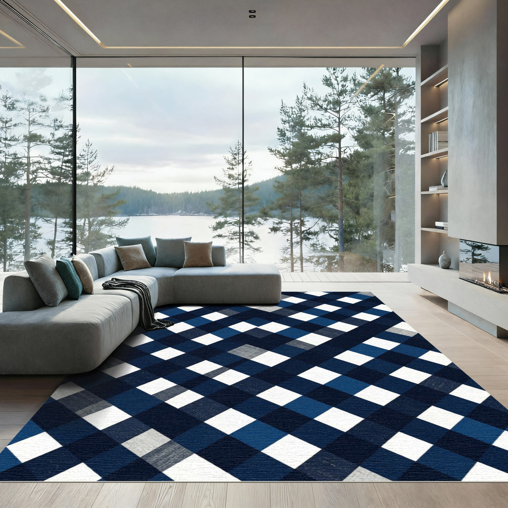 Navy Blue White Diamond Check Rug