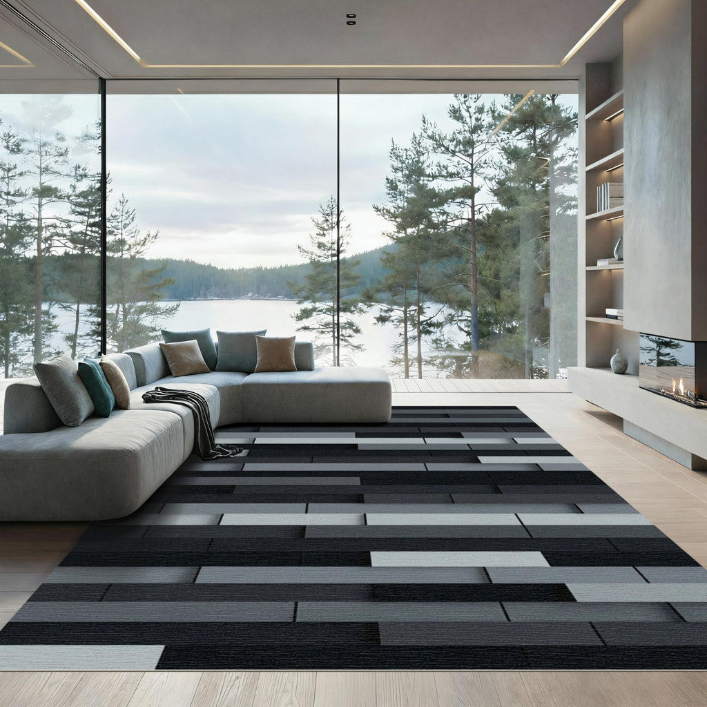 Modern Charcoal Gray Layered Block Rug