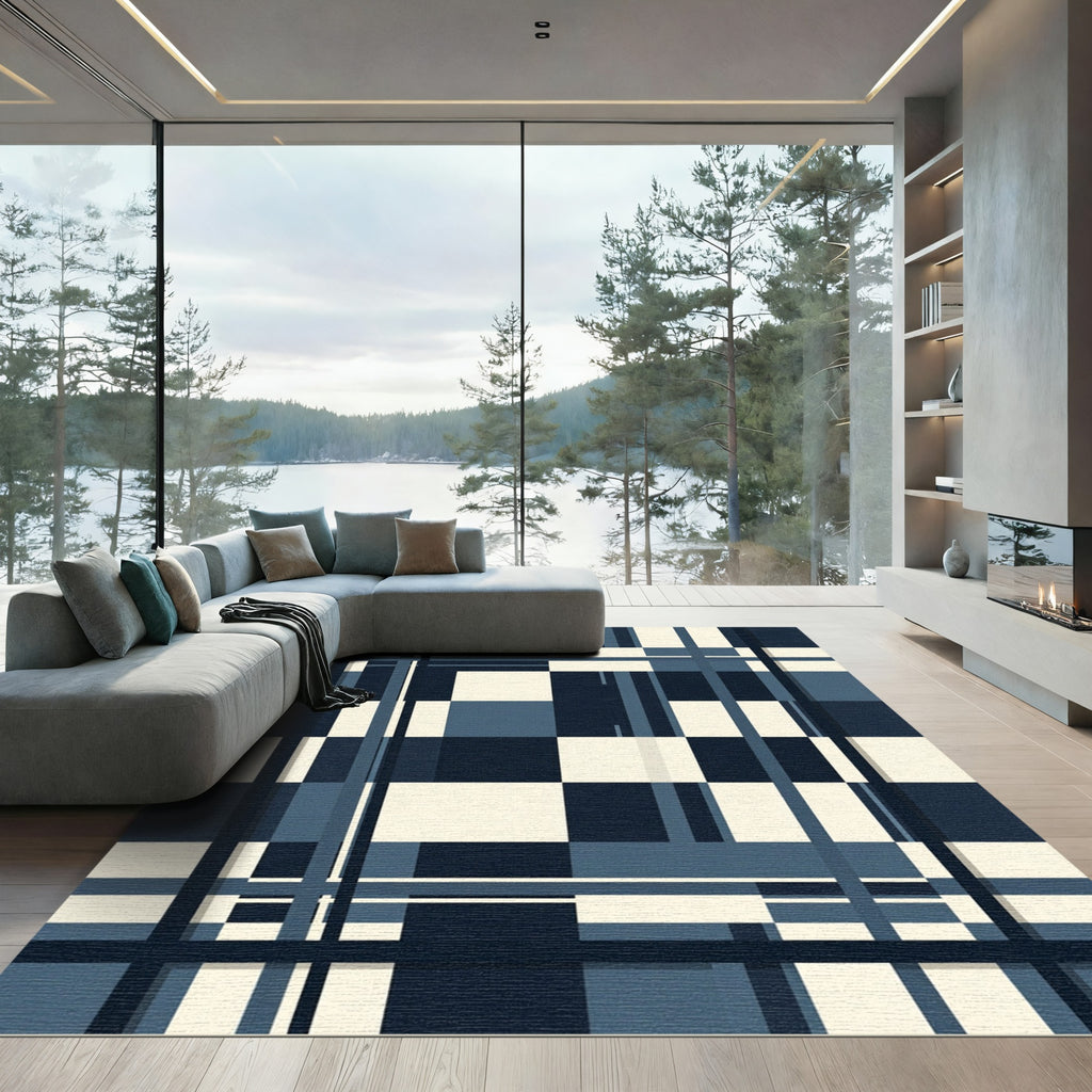 Modern Blue Geometric Plaid Rug