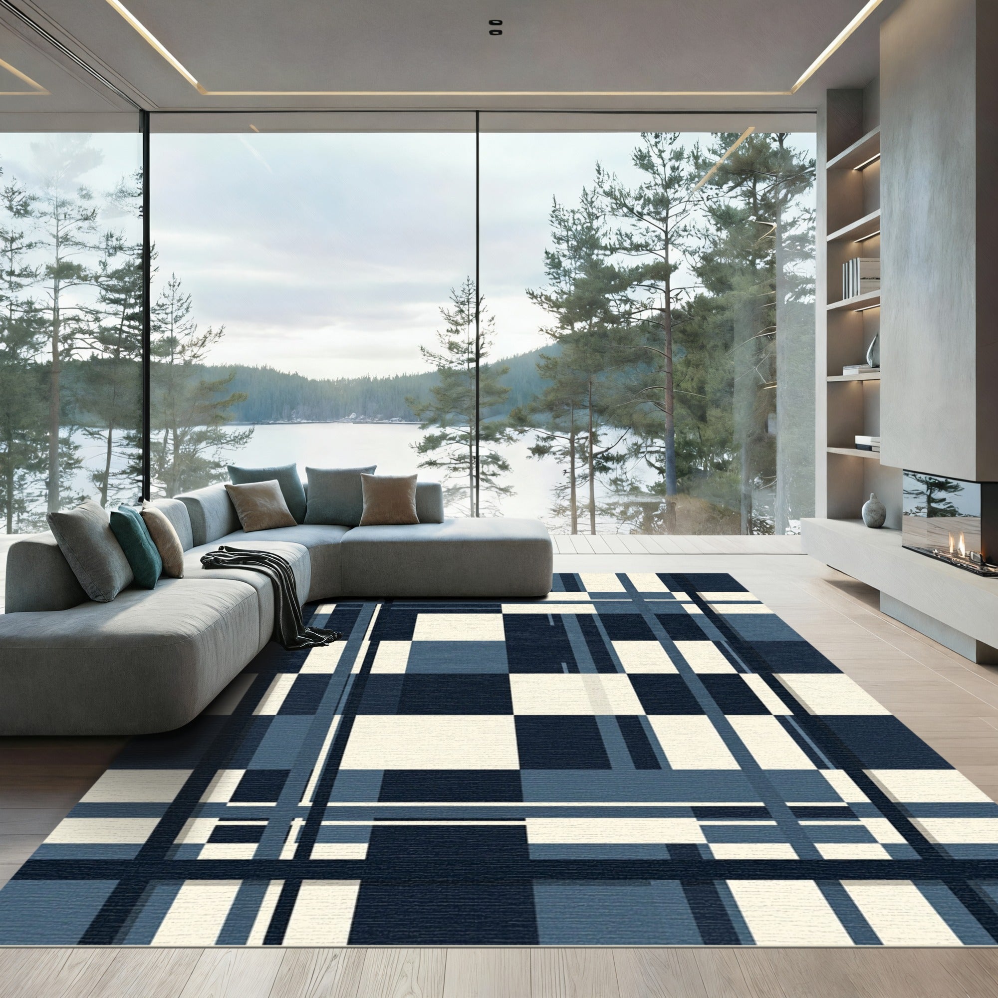 Modern Blue Geometric Plaid Rug
