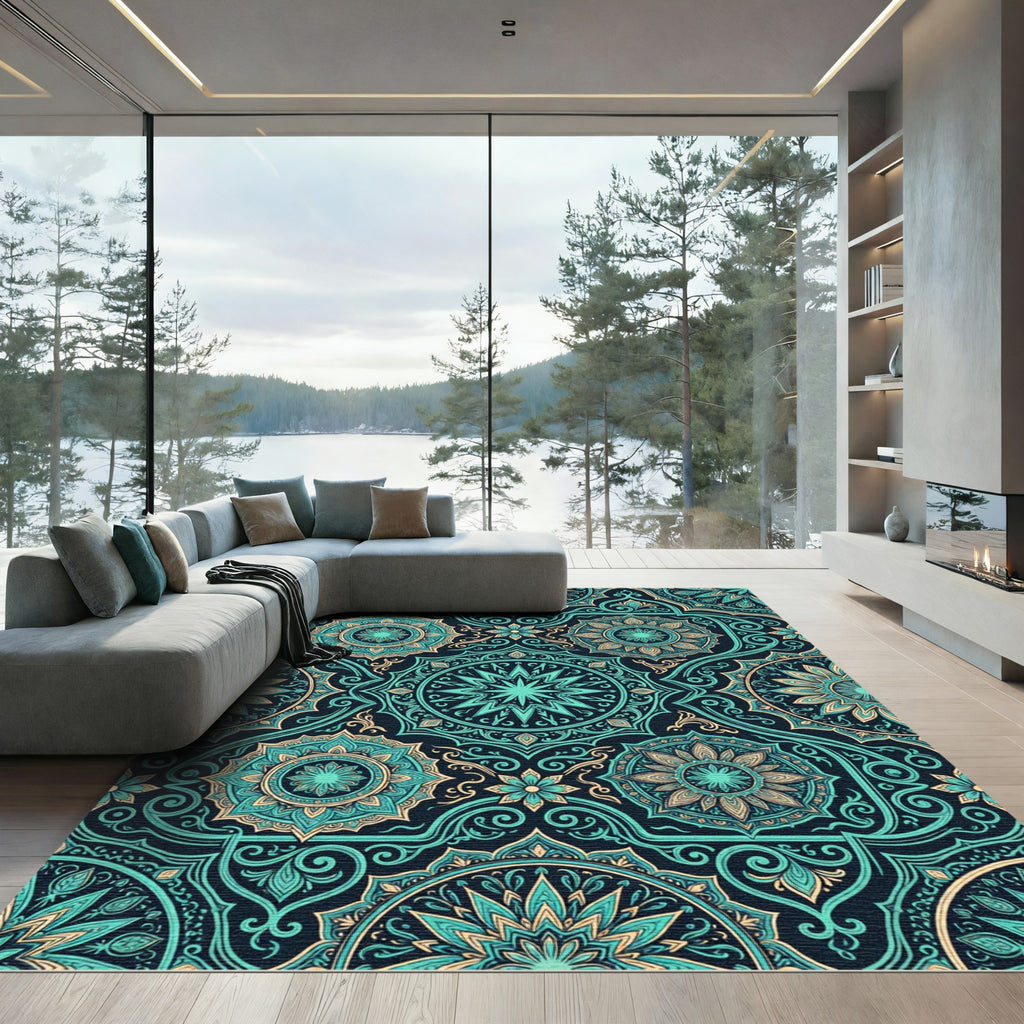 Teal and Gold Ornate Mandala Medallion Rug