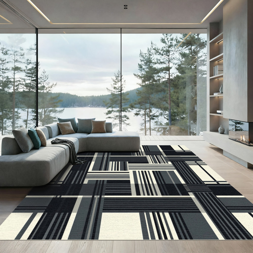 Monochromatic Geometric Grid Checkerboard Rug
