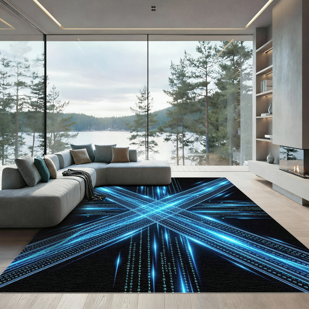 Neon Blue Matrix Digital X Light Rug