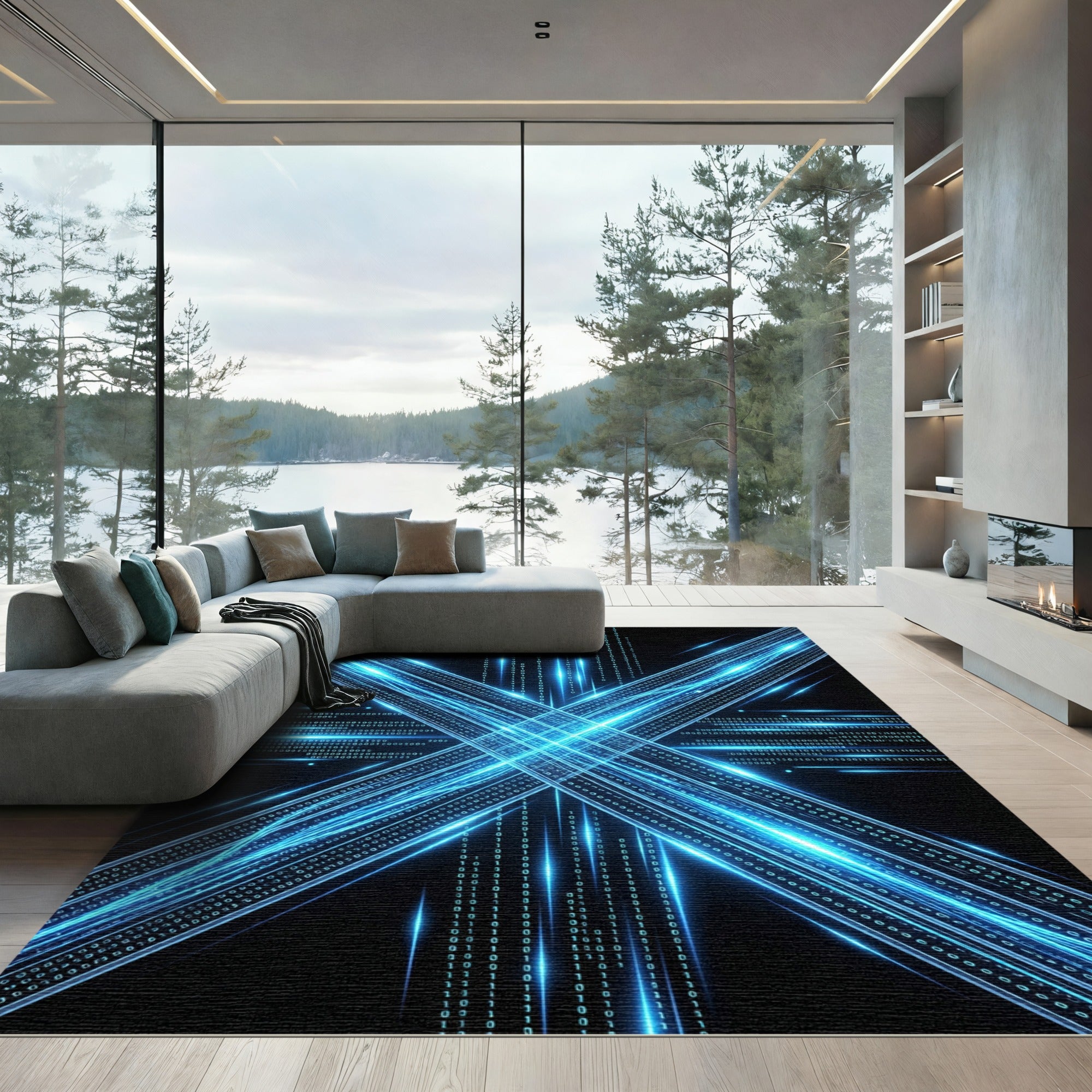 Neon Blue Matrix Digital X Light Rug