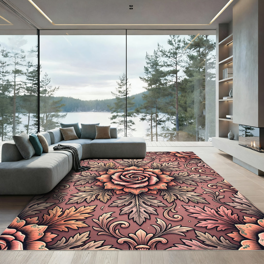 Ornate Coral Rose Scrolling Leaves Rug
