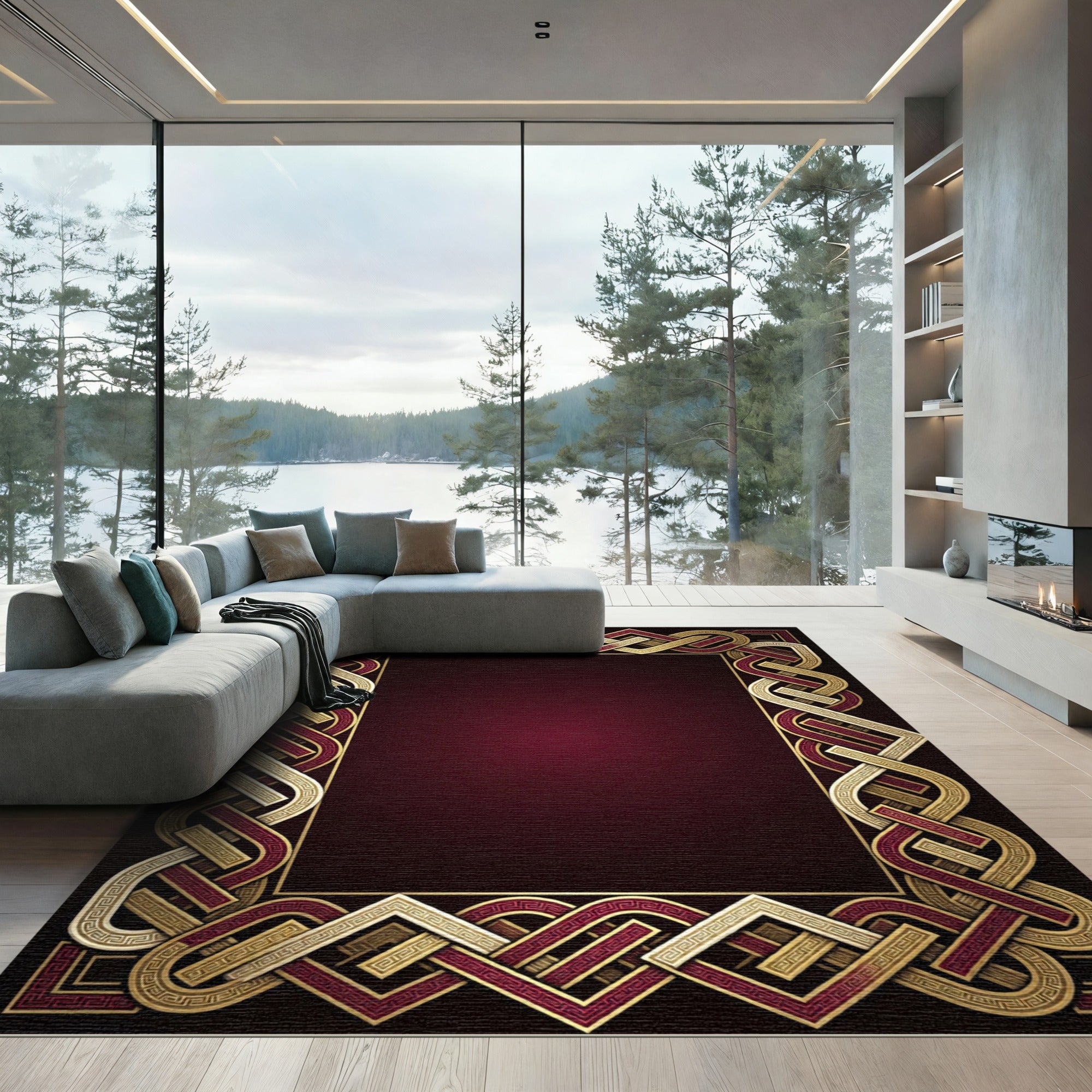 Regal Interlocking Gold Crimson Border Rug