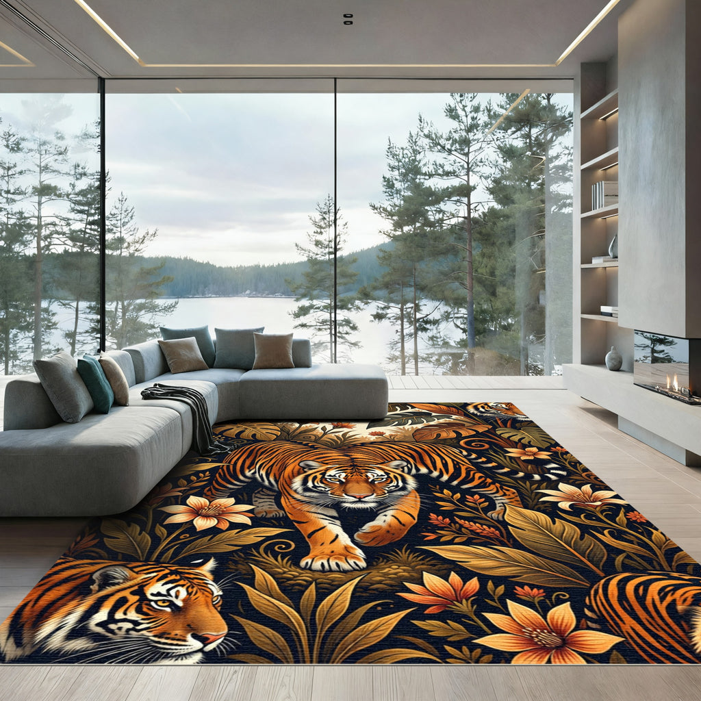 Majestic Tiger and Tropical Floral Jungle Rug