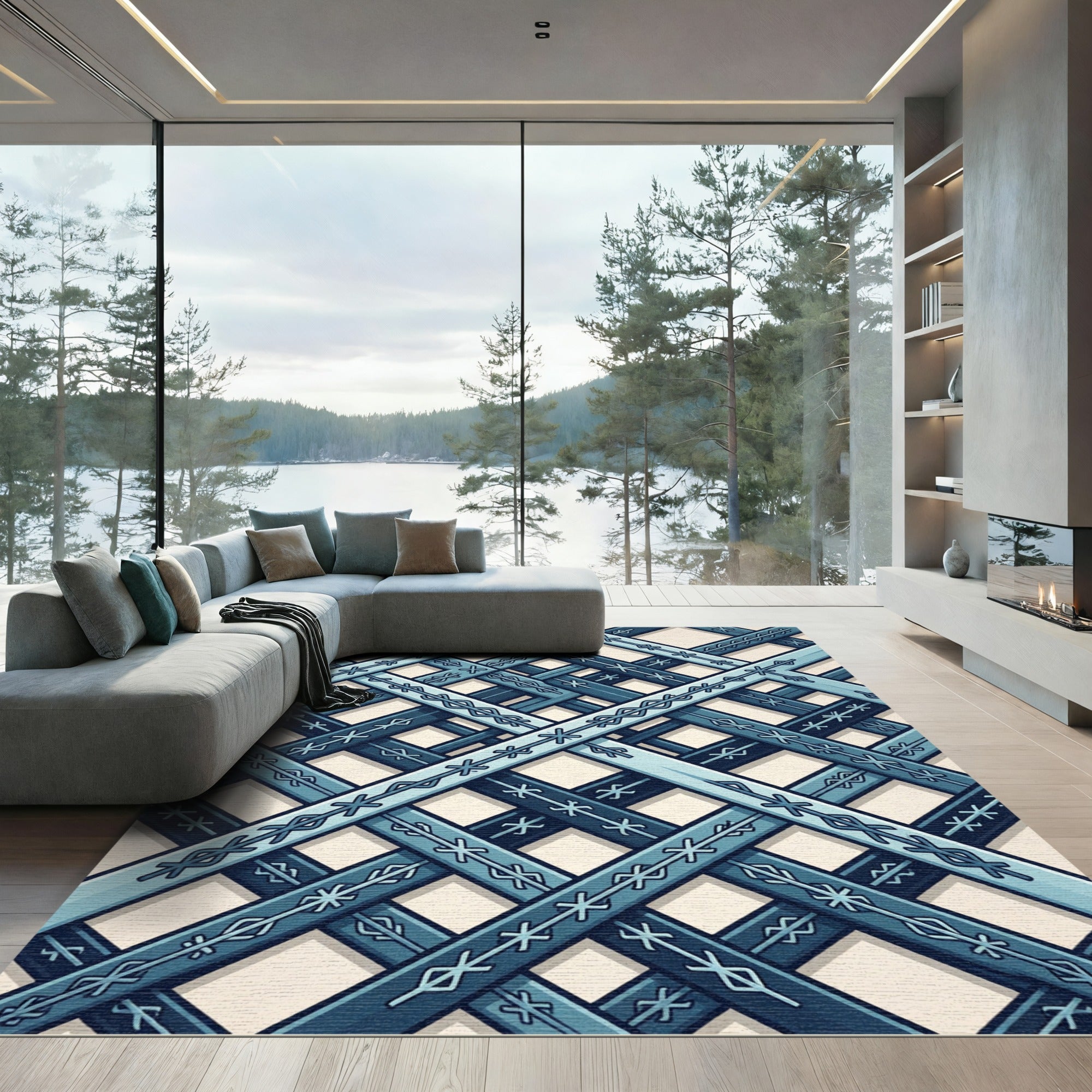 Lattice Blue Geometric Nordic Cross Rug
