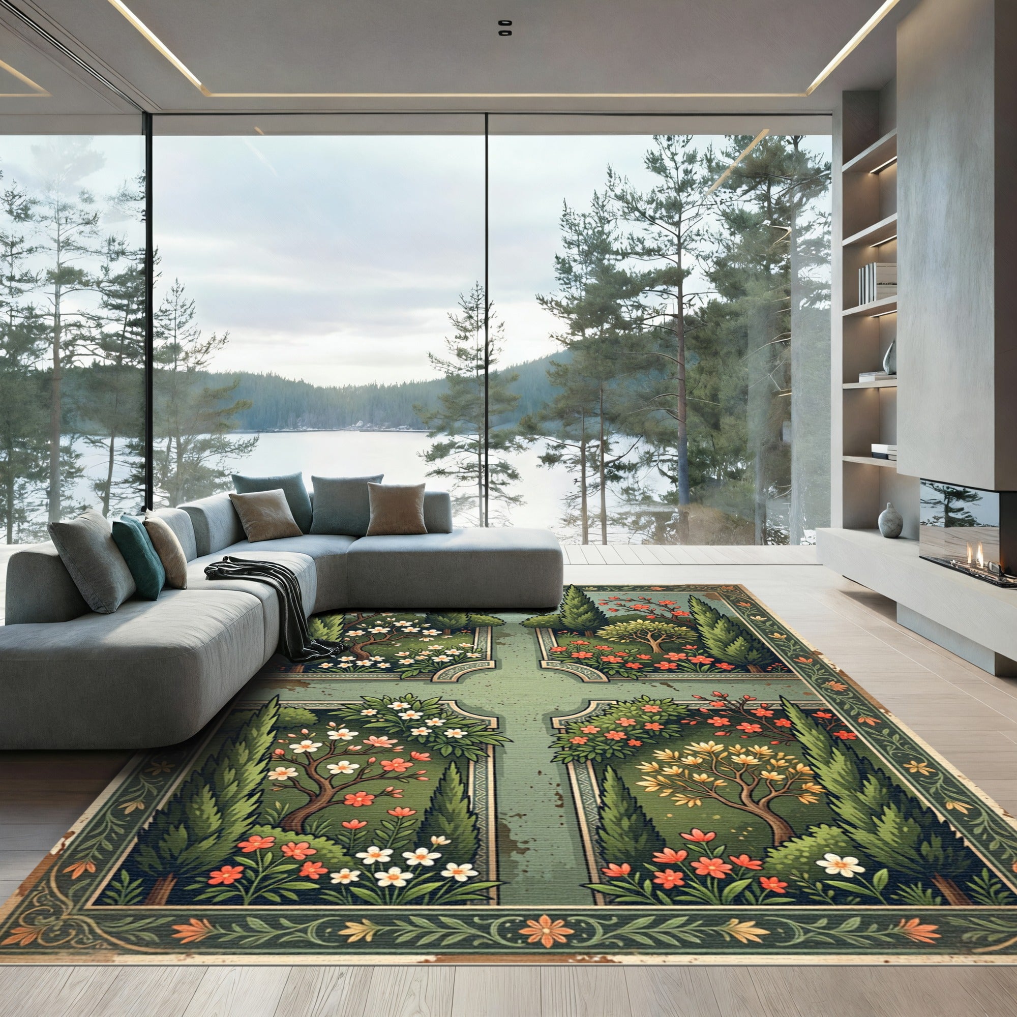 Vintage Sage Botanical Four Quarter Garden Rug