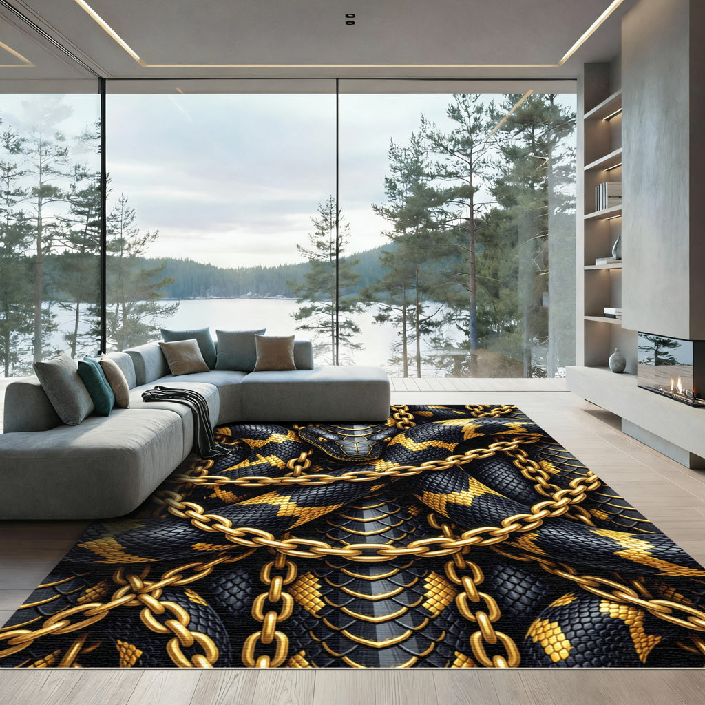 Golden Chain Entwined Black Serpent Rug