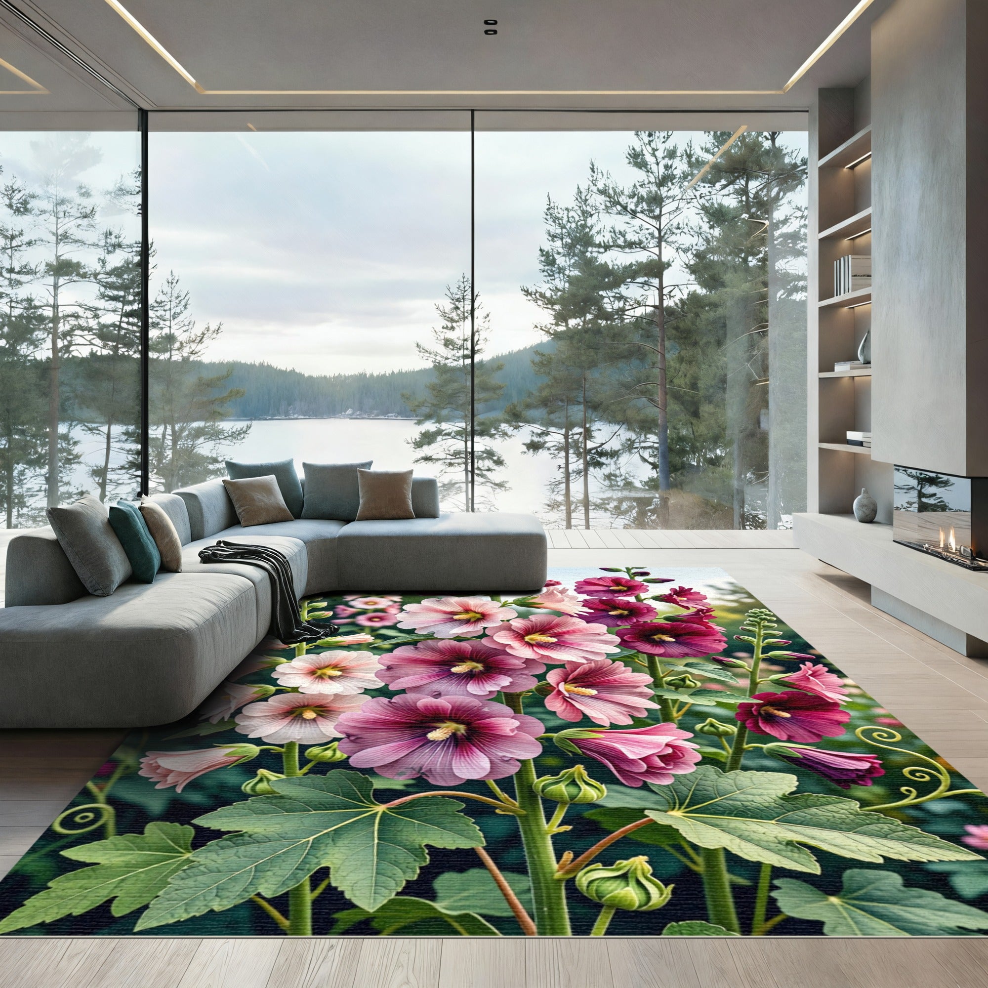 Pink Purple Hollyhock Blossom Garden Rug