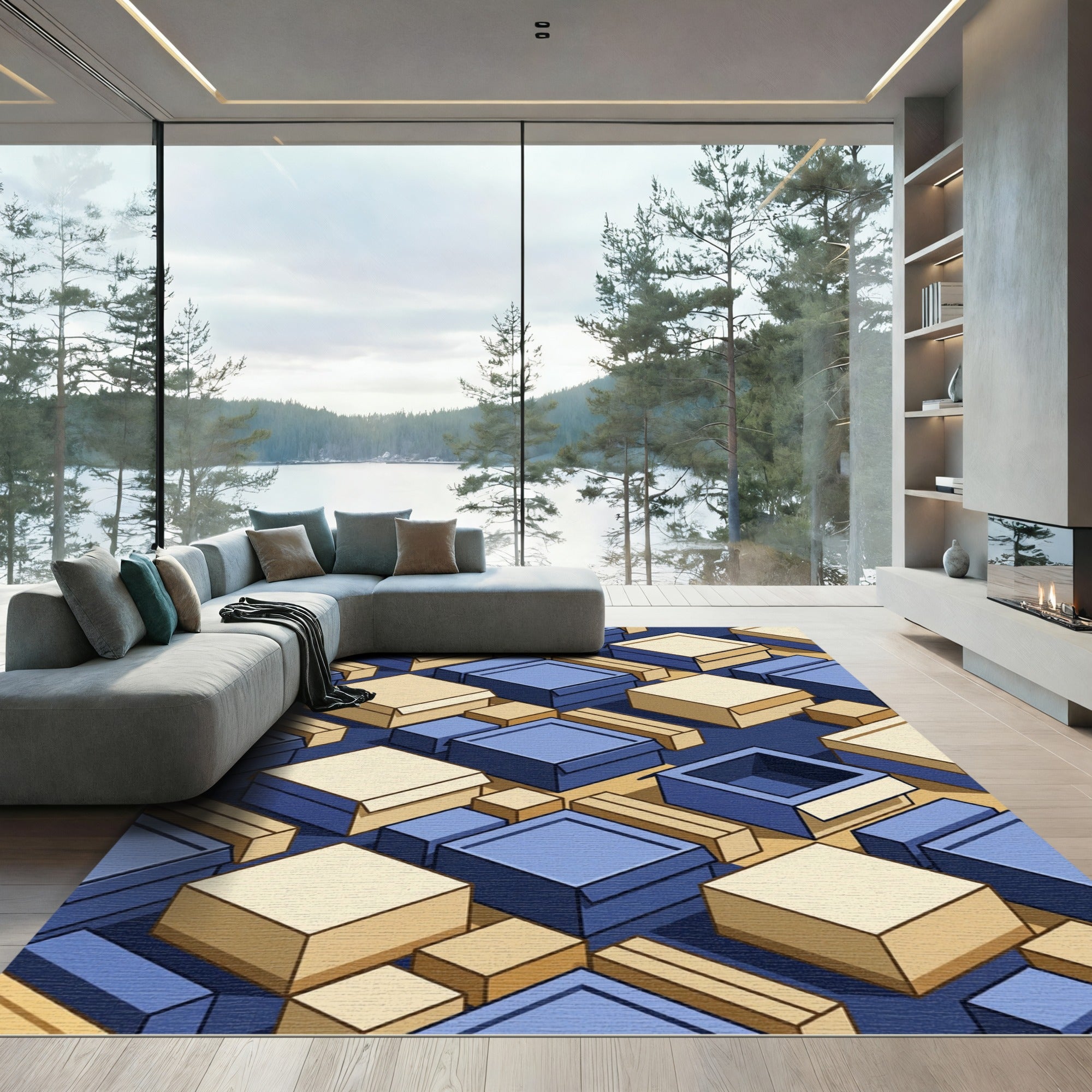 Blue Beige Isometric Boxes Rug