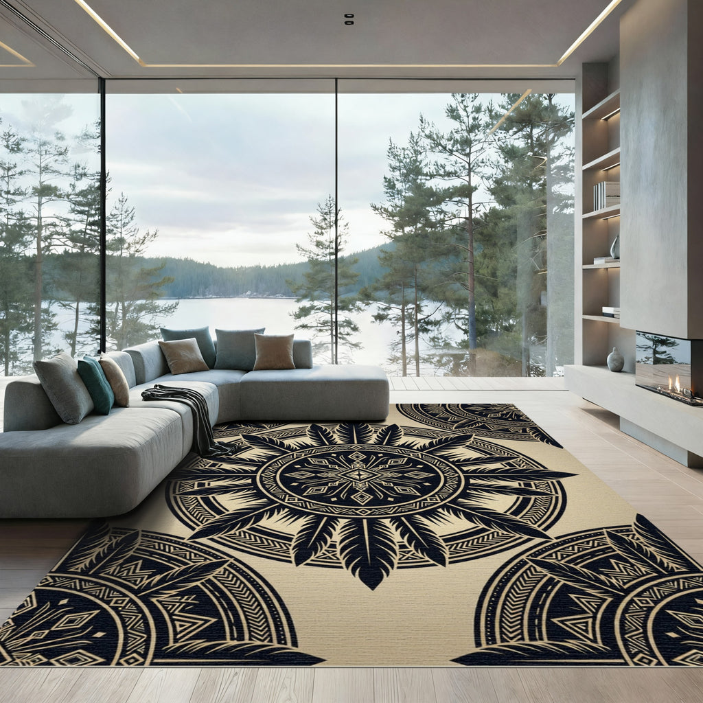 Black Feathered Geometric Mandala Medallion Rug