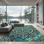 Teal Mandala Medallion Distressed Floral Rug