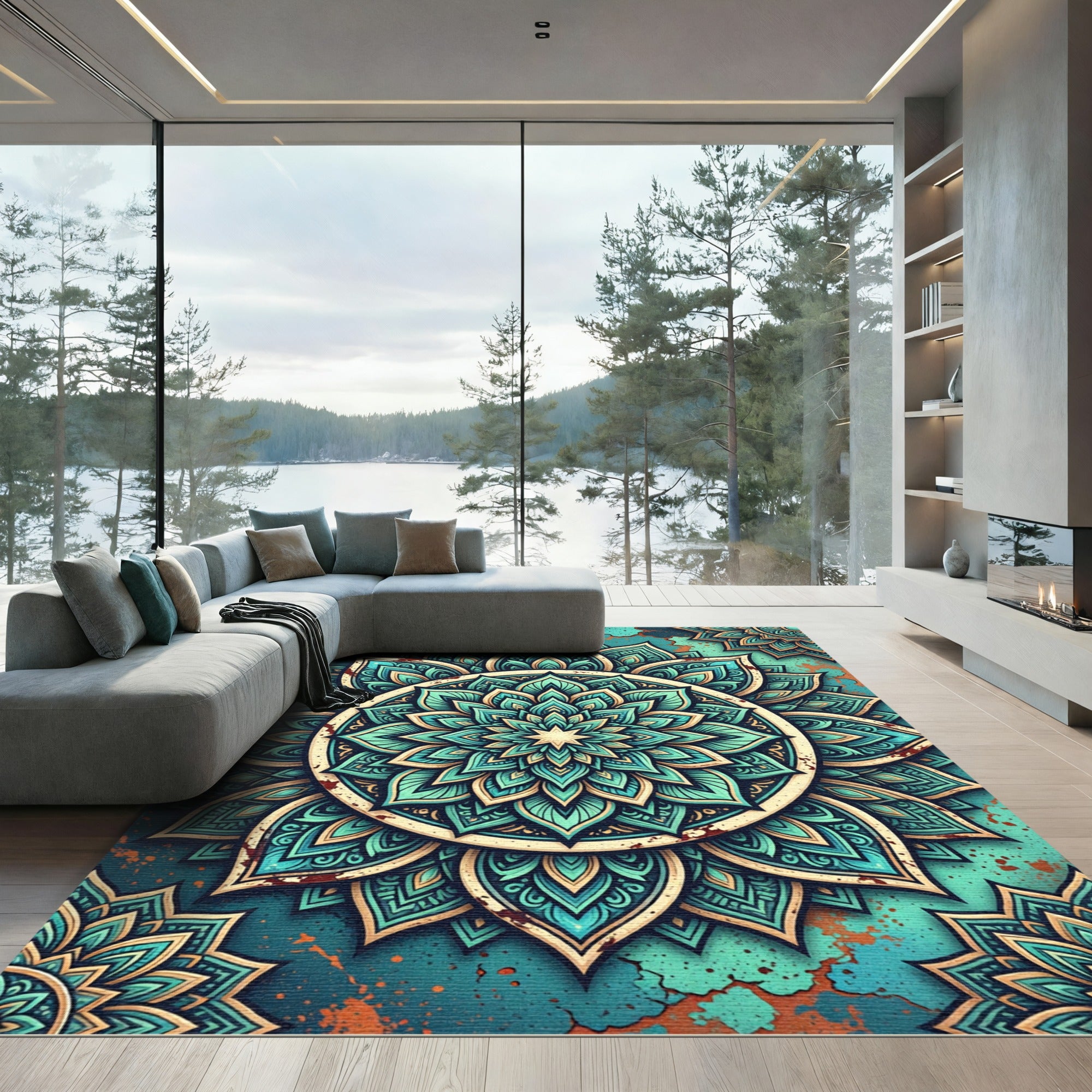 Teal Mandala Medallion Distressed Floral Rug