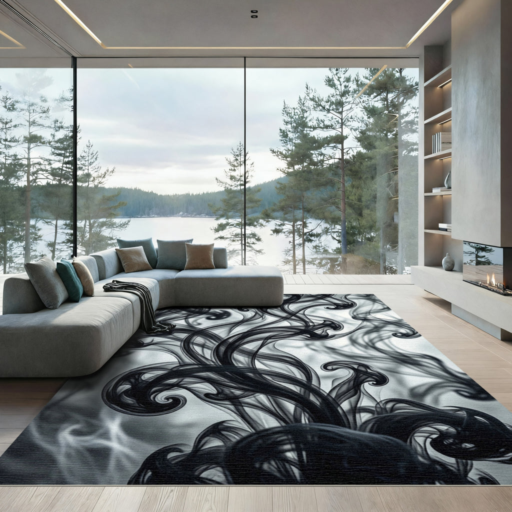 Ethereal Black Smoke Swirls Rug