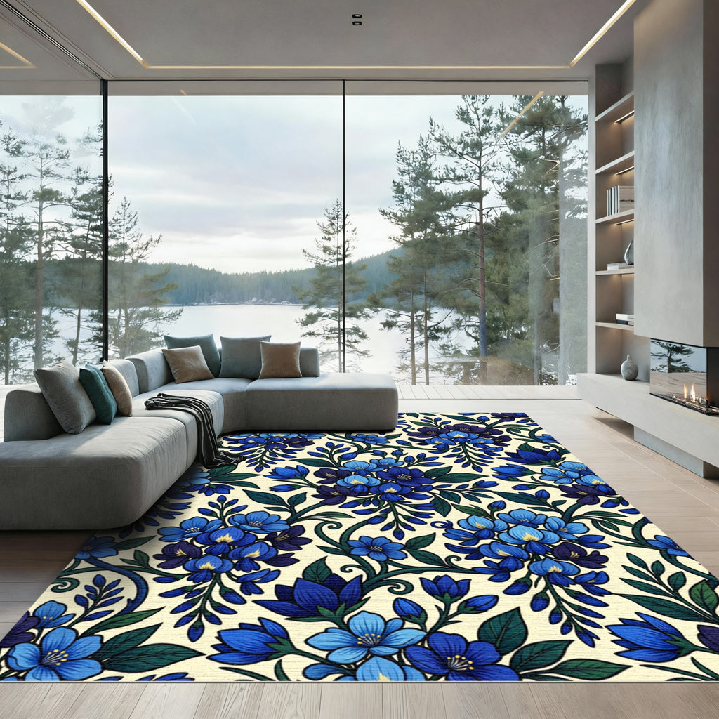 Elegant Cobalt Azure Botanical Floral Wisteria Rug
