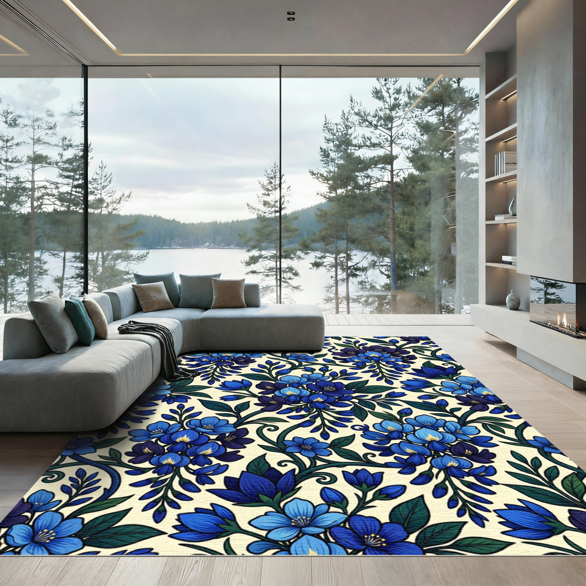 Elegant Cobalt Azure Botanical Floral Wisteria Rug