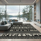 Tribal Village Animals Trees Black Beige Rug