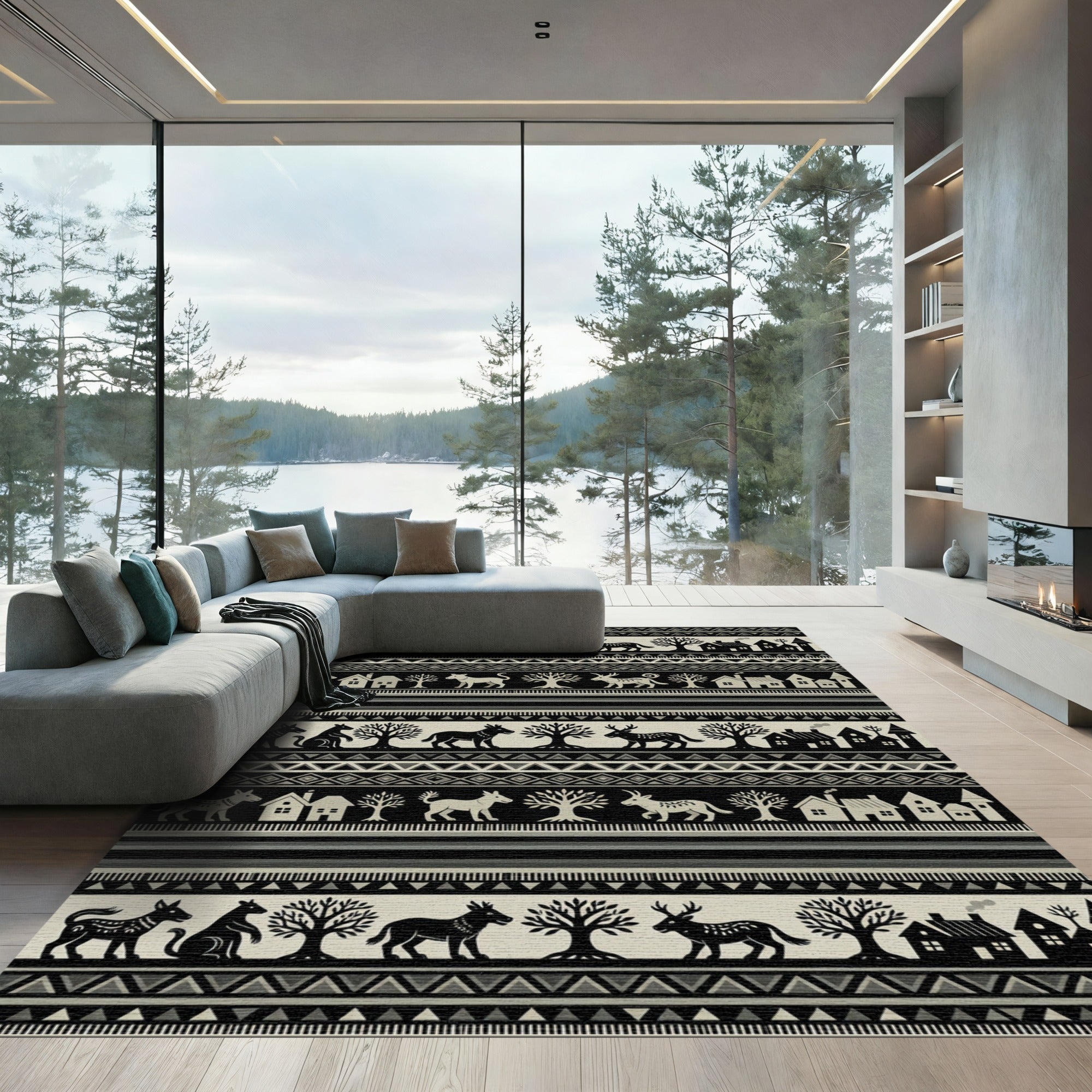 Tribal Village Animals Trees Black Beige Rug
