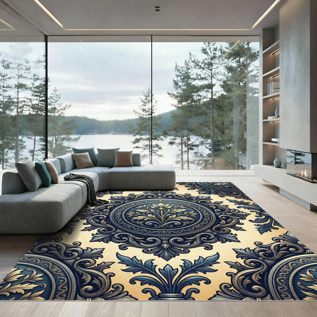 Antique Blue Golden Botanical Medallion Rug