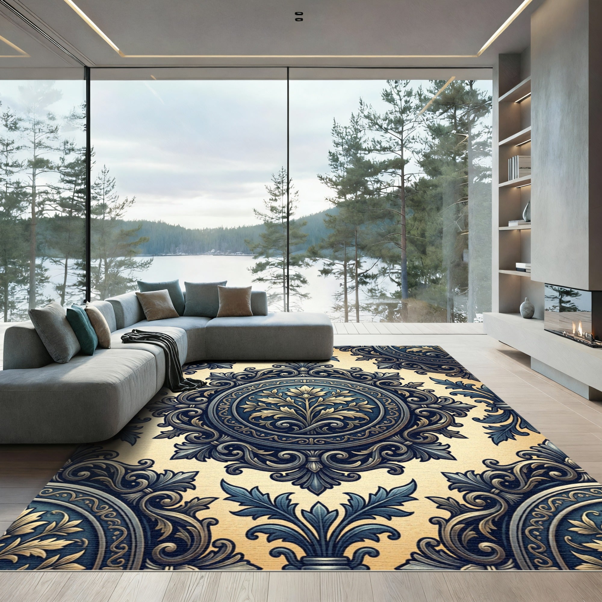 Antique Blue Golden Botanical Medallion Rug
