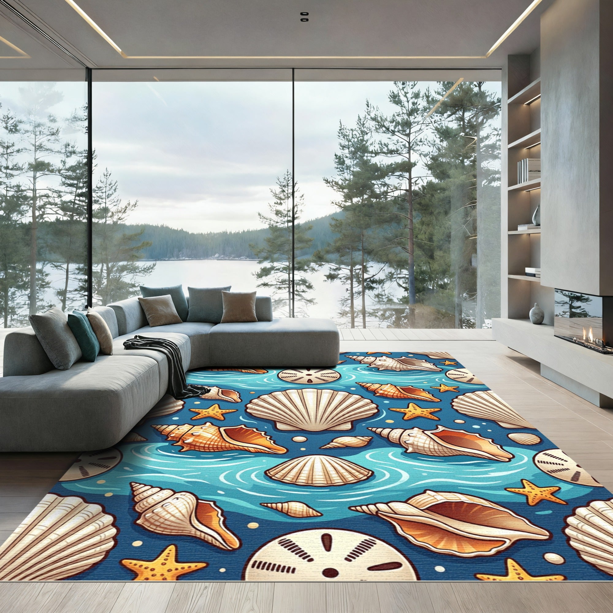 Coastal Seashell Starfish Ocean Blue Rug