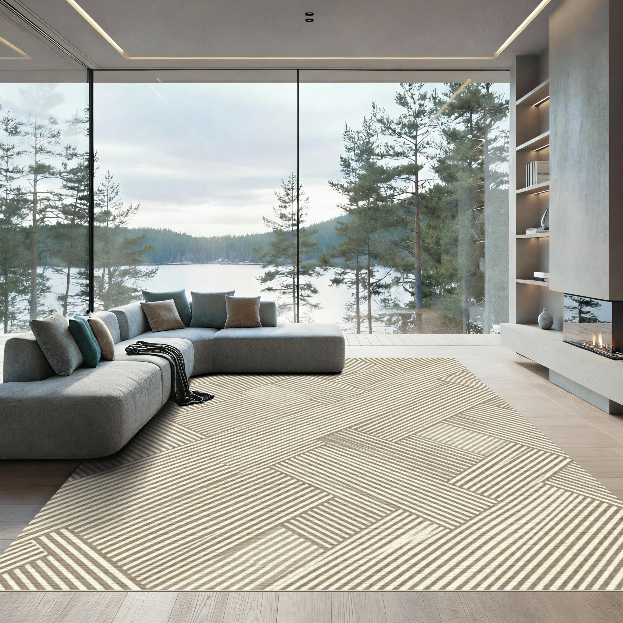 Neutral Beige Linear Chevron Stripe Rug