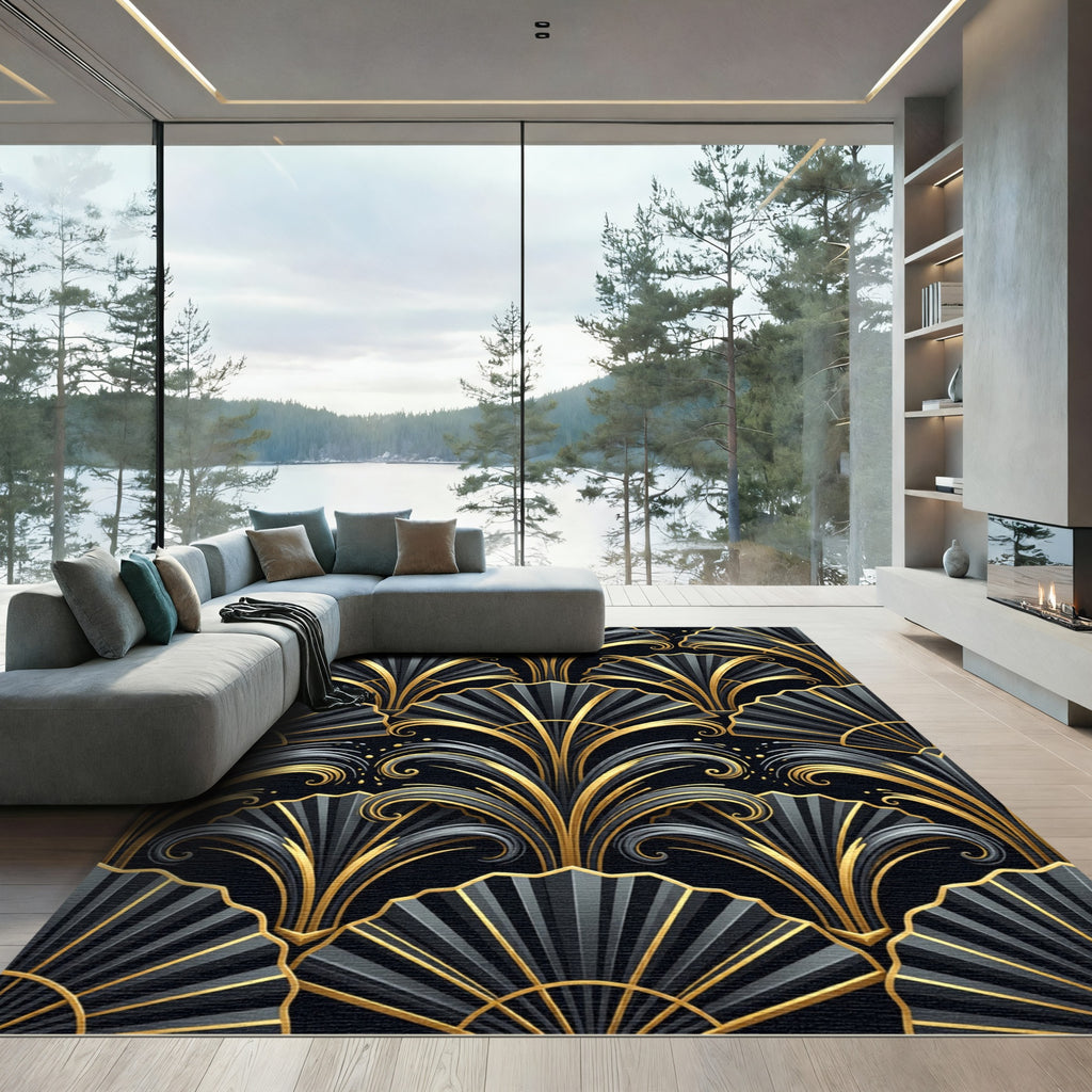 Art Deco Golden Fan Black Backdrop Rug