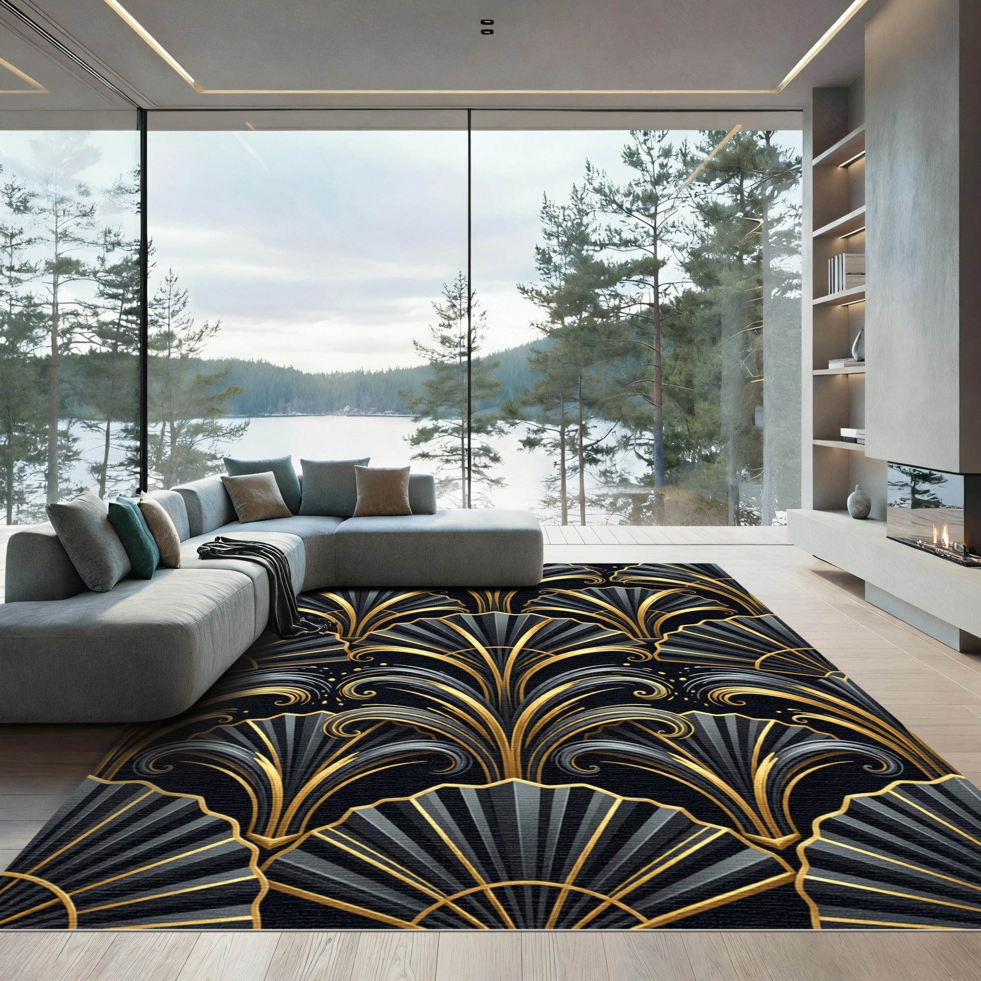Art Deco Golden Fan Black Backdrop Rug