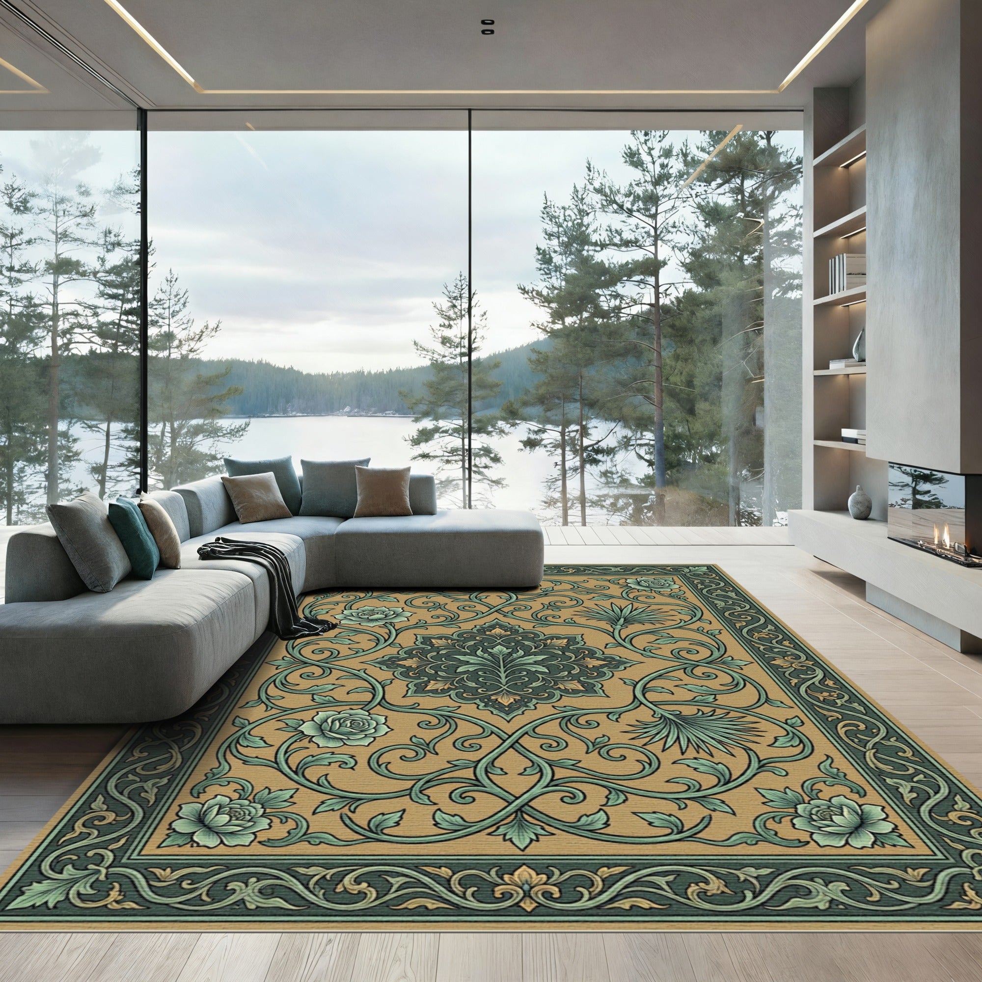 Golden Green Floral Vine Scroll Rug