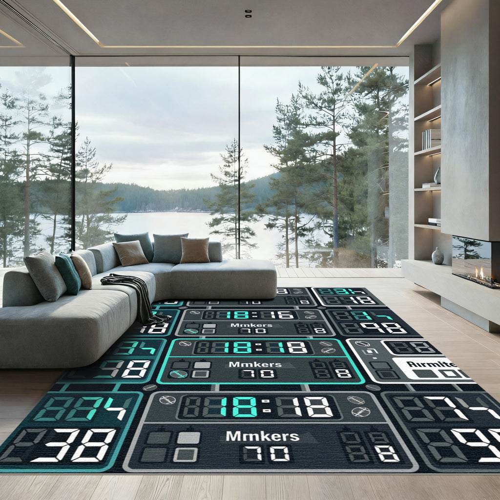 Modern Cyan Digital Scoreboard Grid Rug