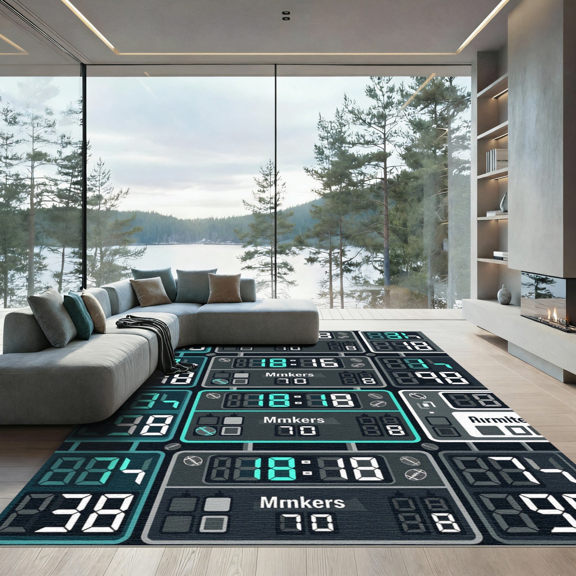 Modern Cyan Digital Scoreboard Grid Rug