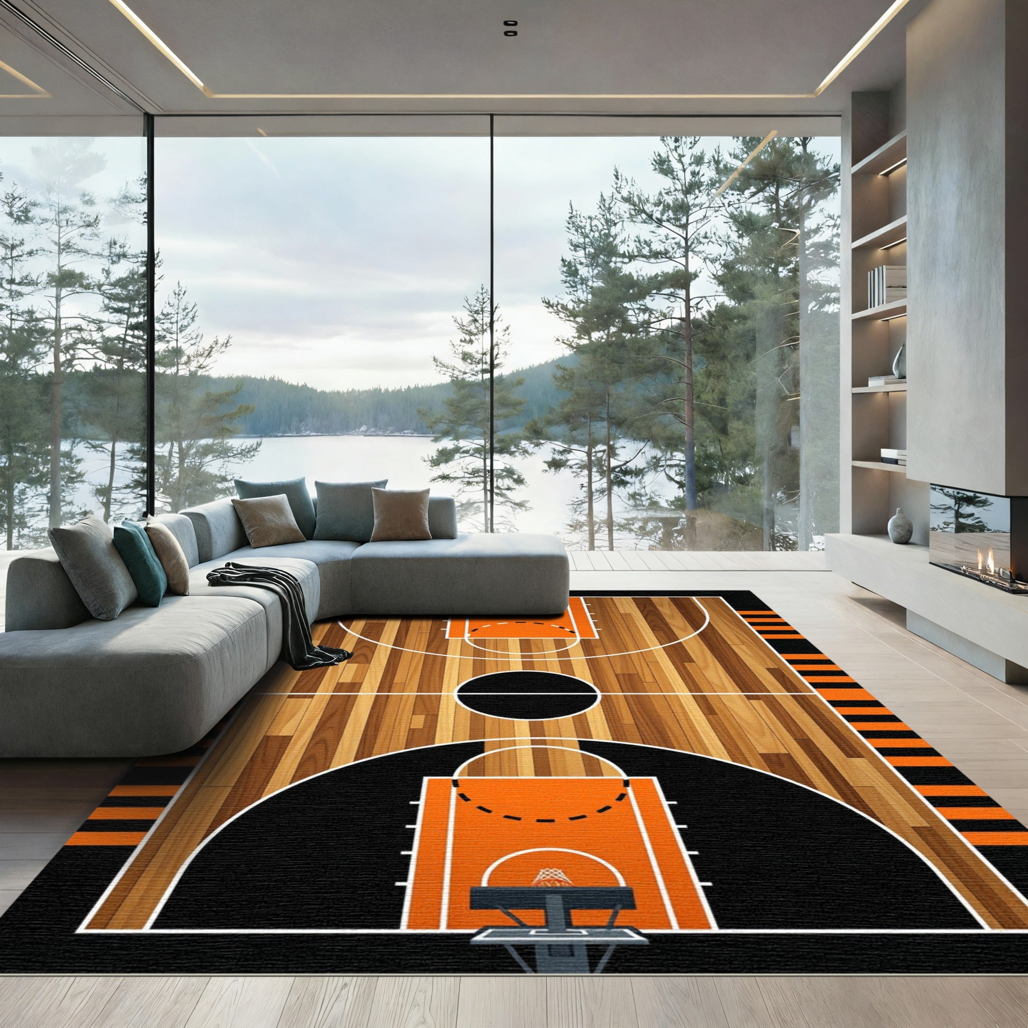 Modern Basketball Court Wood Floor Graphic Rug