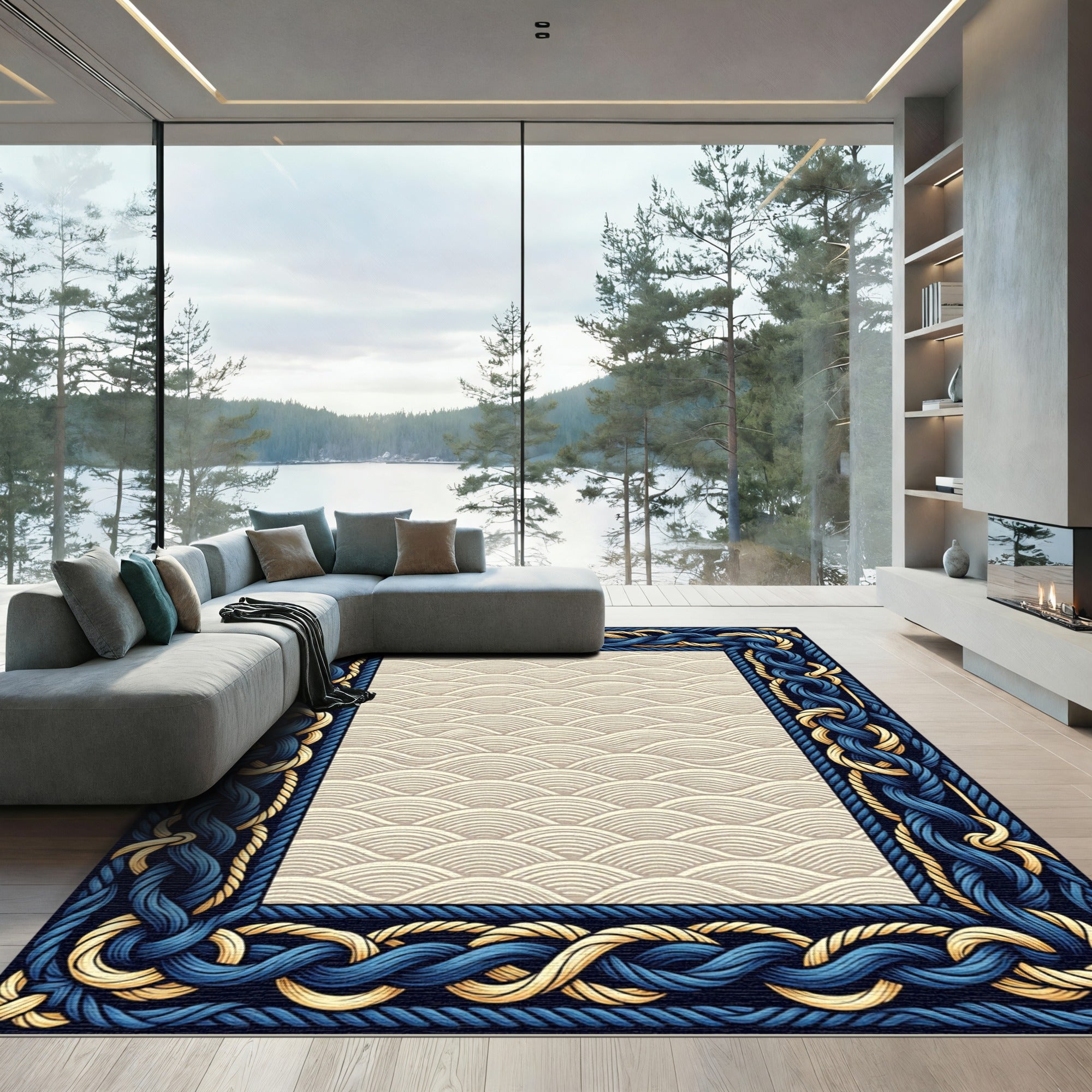 Nautical Blue and Gold Braided Border Rug