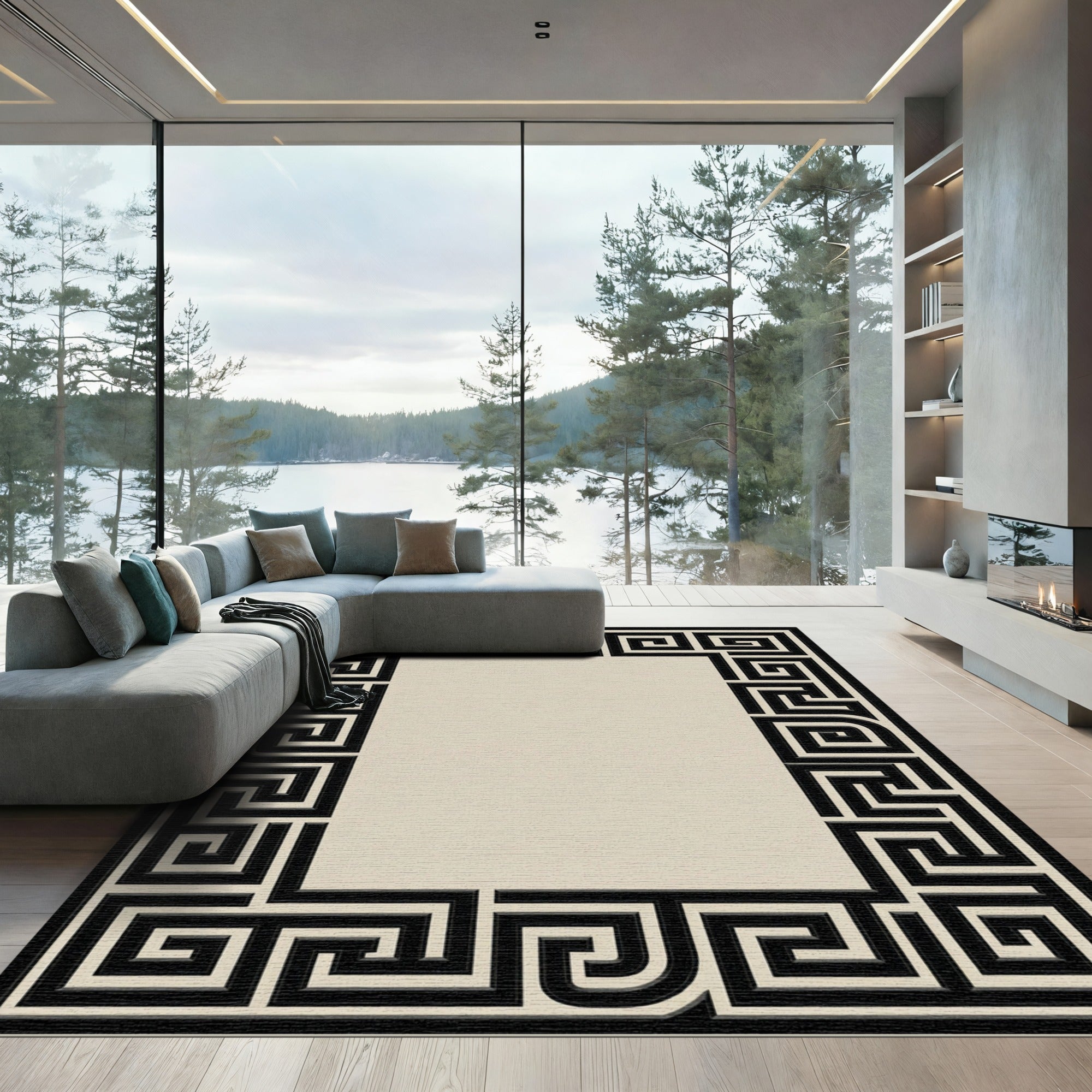 Black White Greek Key Frame Rug