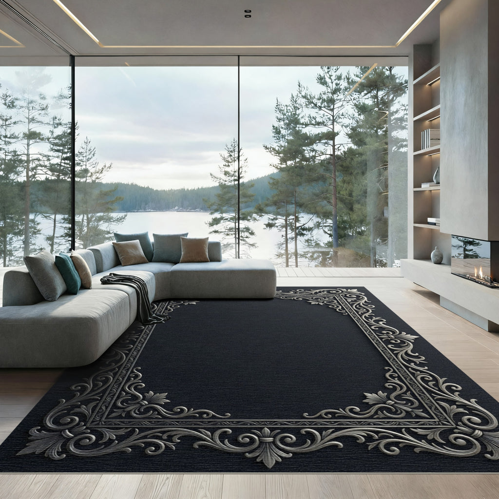 Elegant Silver Scrollwork Filigree Surround Rug