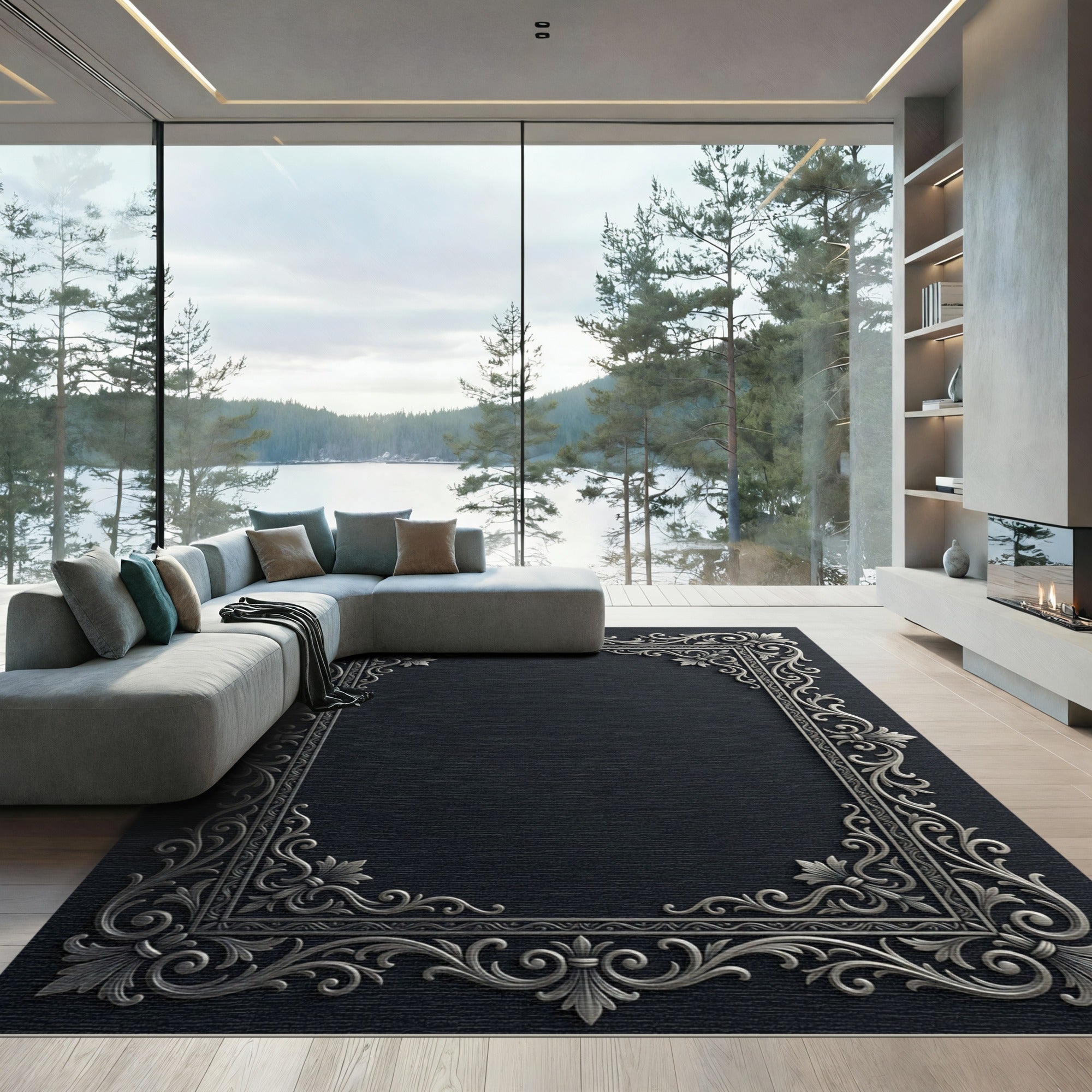 Elegant Silver Scrollwork Filigree Surround Rug